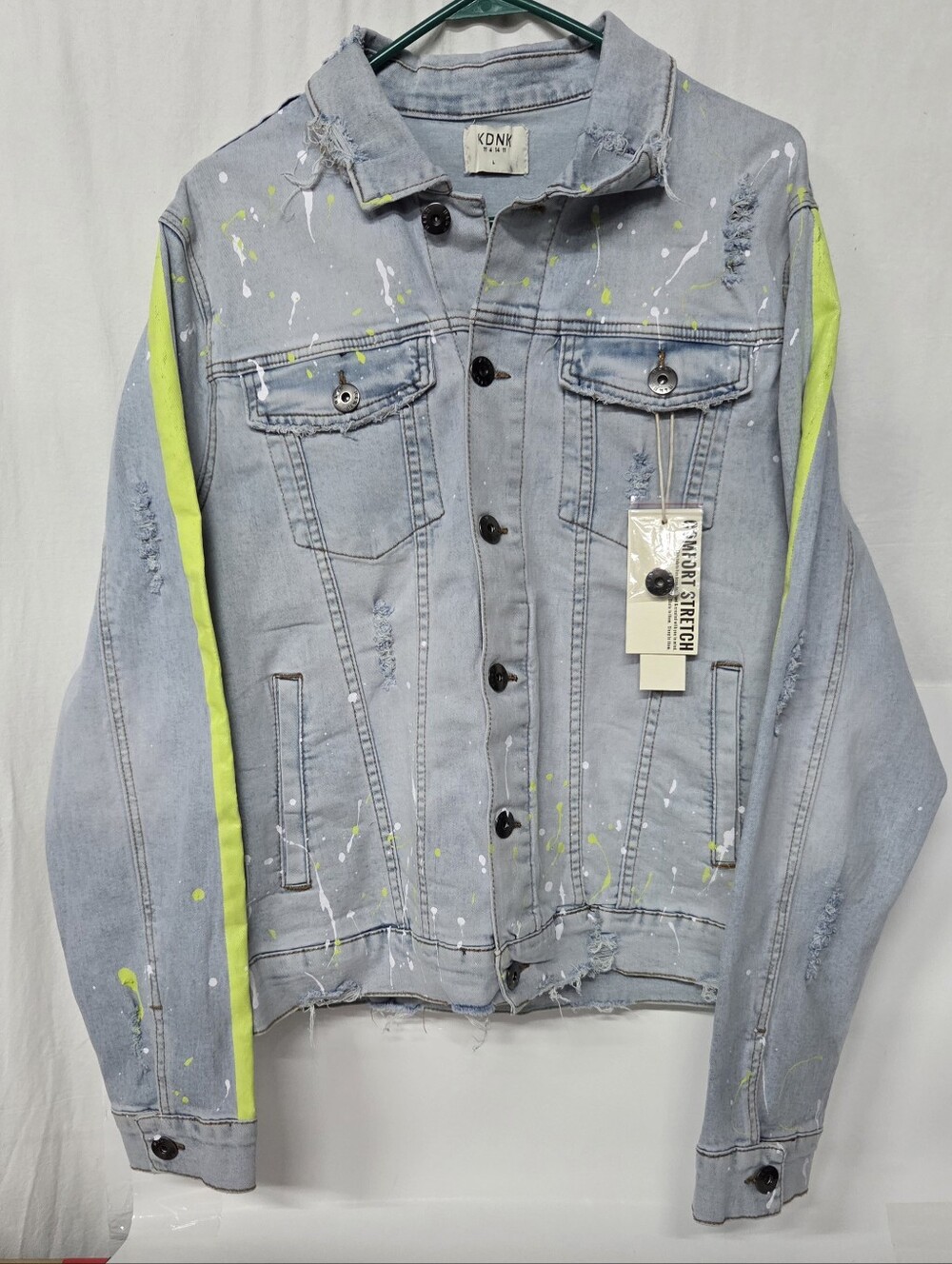 KDNK  Blue Denim Destressed Button Up Jean Jacket Neon Line N SplatteSize L NEW!